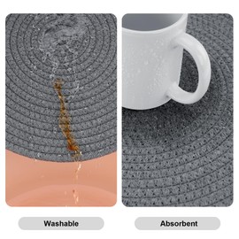 Pixieora Round Placemats Set of 4, Washable Cotton Rope Woven Place Mats, Trivets for Hot Dishes, 13 inch Round Non-Slip Table Mats Hot Pads for Kitchen Table and Farmhouse Decor (Dark Gray, 4)