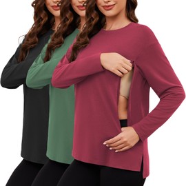 Ecavus Women's Nursing Tops Long Sleeve 3 Packs Hidden Zipper Nursing Shirts for Breastfeeding Side Split Maternity Clothes