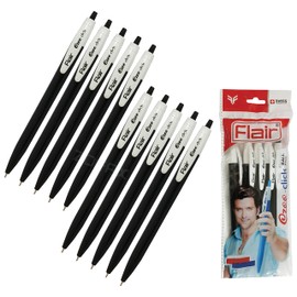 FLAIR 10 x 0.7mm Ezee Click BLACK Ballpoint Retractable Pens Slim Design + 2 x ZOFAX Ball BLACK Pens
