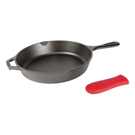 Lodge 12 Inch Cast Iron Skillet with Red Silicone Hot Handle Holder – Pre-Seasoned Frying Pan for Stove, Oven, Grill & Campfire – Made in the USA – Durable, Nonstick Cast Iron Cookware – Black