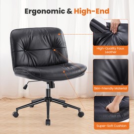 Sweetcrispy Criss Cross Legged Chair with Wheels, Armless Office Desk PU Leather Wide Seat, Swivel Height Adjustable Comfy Computer Task Seating Modern Luxurious Home Room