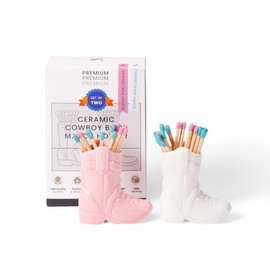 ZUHSAN 2 Pack Cowboy match holder, Home decor ceramic match holder, cowboy boot match holder, with striker, MATCHES NOT INCLUDED (Glossy White & Pink)