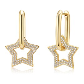 Austrian Crystals Paperclip Drop Earrings for Women 14K Gold Plated Double Huggie Dangle Earrings Hypoallergenic Sparkly Jewelry