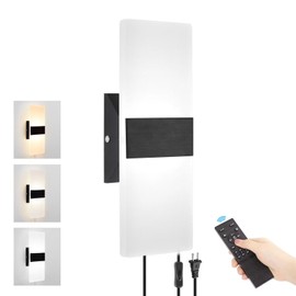 GOODATE Plug in Wall Sconce with Stepless Adjustable 3000K-6500K Colors and 10%-100% Brightness, 12W Acrylic LED Wall Light with Remote, Hardwire or Plug-in (1 Pack, Black)