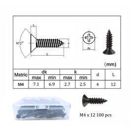 M4 Phillips Flat Head Self Tapping Screws,100 pcs Black M4 x 12mm Carbon Steel Wood Screws DIY Woodworking Screws with Box (M4 X 12mm 100 PCS)