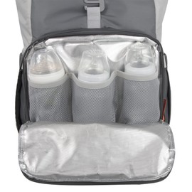 Fisher-Price Multi-Pocket (13) Grey Roll Top Diaper Bag Backpack with Portable Changing Pad, Stroller Straps, Wipes, Bottle, Tablet Pockets