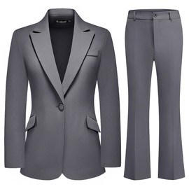 TRONSTORE Women's Suit 2 Piece Set Pinstripe Blazer and Bootcut Dressy Pants Set for Work Office Business Outfits-Grey S