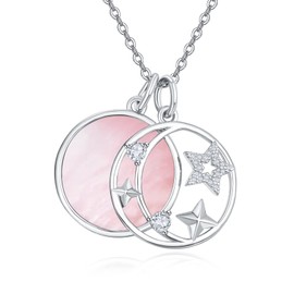 TANGPOET Moon and Star Necklace 925 Sterling Silver Moon Necklace Star Necklace with Pink Fritillary Pendant Jewellery Gifts for Women Girls