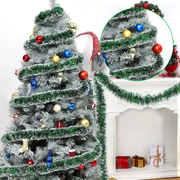 33FT Christmas Tinsel Garland, Christmas Tree Bright Green Frost Tip