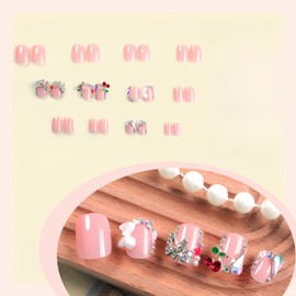 24Pcs Bow Cherry Rhinestone French Tip Press on Nails Short Square Fake Nails with Cherry Butterfly Flower Planet charms bling Design Glue on Nails Irregular diamond Full Cover False Nails for Women