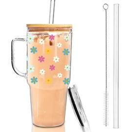 ONEHAUS 40 oz Glass Tumbler with Handle, Glass Cups with Lids and Straws, Bamboo Wide Mouth Fits in Car Holder Reusable Iced Coffee Cup Bottle Drinkware - Color: Flower pattern