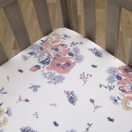NoJo Farmhouse Chic Tossed Floral White, Pink, and Periwinkle 100% Cotton Fitted Crib Sheet