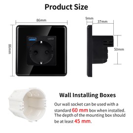 JIMEIDA Single Socket Black, 2.5D Curved Glass Plate 16 Amp Schuko Sockets with USB-A and Type-C Port 2.1 A Flush-Mounted Protective Contact Wall Socket 86 x 86 mm, 250 V