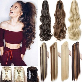Long Short Claw Ponytail Hair Extensions One Piece Cute Clip in on Ponytail Jaw Claw on Straight Curly Hairpiece Brown Blonde Black Ombre 24" Curly Ash blonde mix bleach blonde
