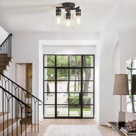 Semi Flush Mount Ceiling Light, 3 Light Ceiling Light Fixtures, Black Kitchen Lighting Fixtures Ceiling Mount with Clear Glass Shade, Industrial Hallway Light Fixture for Foyer, Bedroom, Entryway