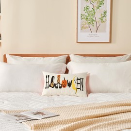 Alysheer Embroidered Lumbar Decorative Fall Throw Pillow Cover 12"x 20", Farmhouse Cottage Embroidery Chic Pattern, 100% Cotton Canvas Cushion Case for Sofa Couch Bedroom Decor