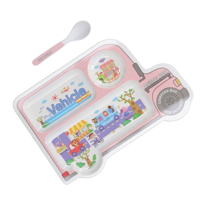Kids Dinner Plate with Spoon Bamboo Fiber Divided Plates Cartoon