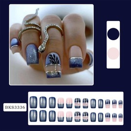 Blue Silver Gradient Press on Nail Leaf French Tip False Nail Medium Square Acrylic Nails Mirror Reusable Full Cover Fake Nails for Women Girls