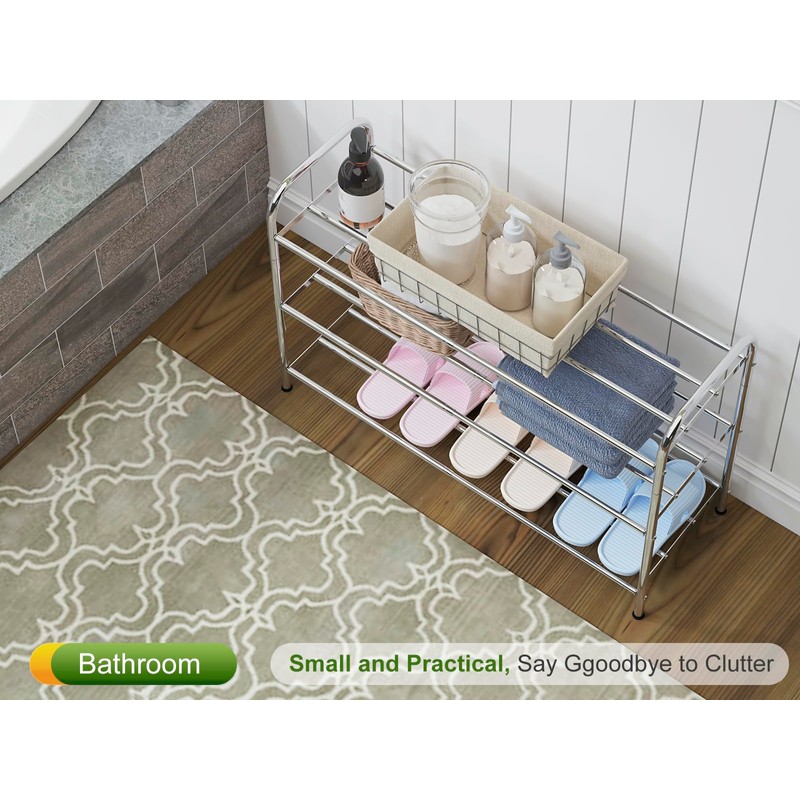 SKIKEN 3-Tier Stainless Steel Shoe Rack - 4-Rod Extendable &