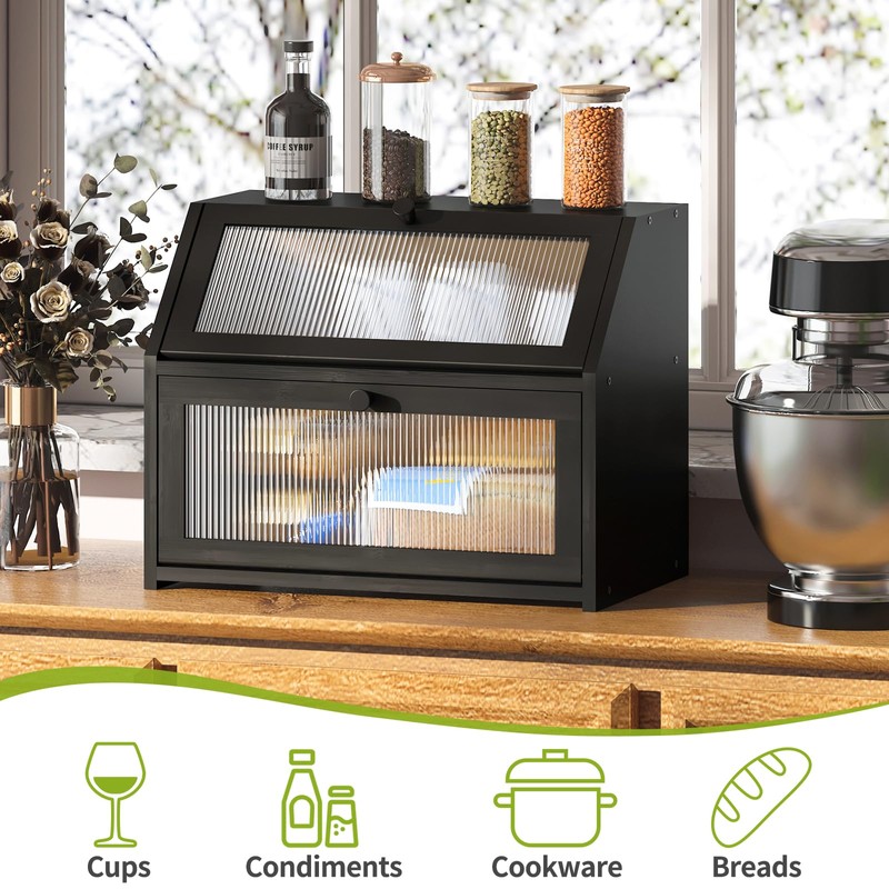 BMOSU Large Double Layer Bread Box for Kitchen Countertop, Bamboo