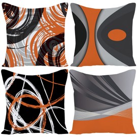 EZVING Set of 4 Throw Pillow Covers Modern Abstract Orange Stripes Gray Black White Acrylic Bold Grey Decorative Pillow Cases Home Decor Square 20x20 Inches Pillowcases