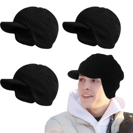 Skicuff 4 Pcs Winter Beanie Men Visor Hat with Earflaps Outdoor Knit Hat Thick Fleece Lined Ski Winter Hat for Men Women(Black)