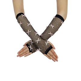 Woman Black Fishnet Rhinestone Gloves Long Fishnet Fingerless Gloves Rave Role Play Costume Glove Light Pink Bow