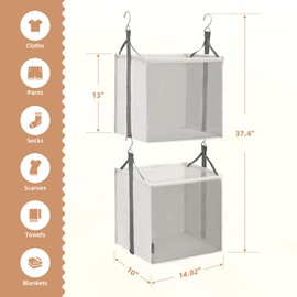 STORAGE MANIAC 2-Shelf Hanging Closet Organizer, Cloth Hanging Closet Shelf, Hanging Closets Baskets with Hooks for Dorm, Apt, Bedroom, College, Garment Rack, Wardrobe, Fabric with Mesh, Ivory