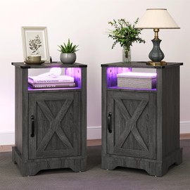 RoyalCraft Farmhouse Nightstand, Grey Night Stand with LED Lights and Charging Station, Bedside Table Set of 1 with Storage and Door, Wood End Table for Bedroom, Home Office, Dark Grey