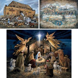 Bits and Pieces – Value Set of Three 1000 Piece Jigsaw Puzzles for Adults – Last Supper, Noah's Ark, in The Manger by Artist Ruane Manning, Completed Puzzle Size: 20" x 27"