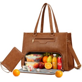 Lunch Bag for Women - 15.6" Laptop Lunch Bag Combo Women, Work Tote Bag with Insulated Lunch Compartment,Quilted Computer Handbag with Large Capacity for Work, Office, Nurse, Teacher (Brown)