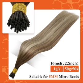 Full Shine I Tip Hair Extensions for Women Human Hair Brown and Blonde Hair Extensions Color #3/8/22 Keratin Fusion Nail Hair Extensions 50 Strands 22 Inch