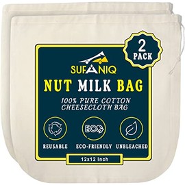Sufaniq Nut Milk Bags for Straining Reusable (2 Pack), 100% Pure Cotton Nut Bag Strainer, Premium Quality Cheesecloth Bags for Almond, Soy Milk, Tea, Juices & Cold Brew Coffee (12 x 12 Inch)
