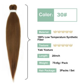 Brown Braiding Hair Pre stretched 20Inch 3 Packs Pre-stretched Braiding Hair Colored 30 EZ Braid Yaki Texture Synthetic Hair Extensions for Crochet Box Braids