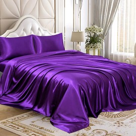 Homiest 4pcs Satin Sheets Set Luxury Silky Satin Bedding Set with Deep Pocket, 1 Fitted Sheet + 1 Flat Sheet + 2 Pillowcases (King Size, Purple)