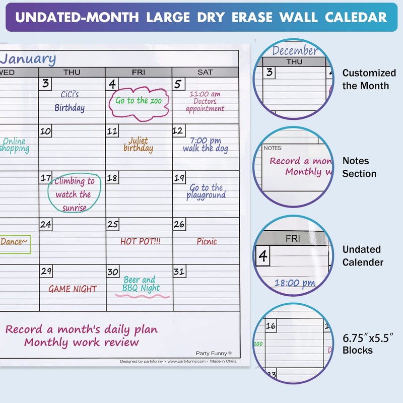Dry Erase Monthly Extra Large White Board Calendar for Wall,