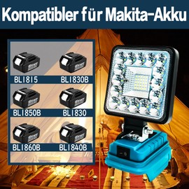 Akku Lampe Für Makita 18V, 48W 3800LM Led Arbeitsleuchte, Led Strahler Tragbares Flutlichter Baustellen Lampe,Akku Scheinwerfer mit 2 USB Für Camping, Autoreparaturen, Notfall（Ohne Akku）