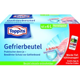 Toppits Freezer Bags Storage Pack, 6 Litres, 45 Pieces, Stand, Clear