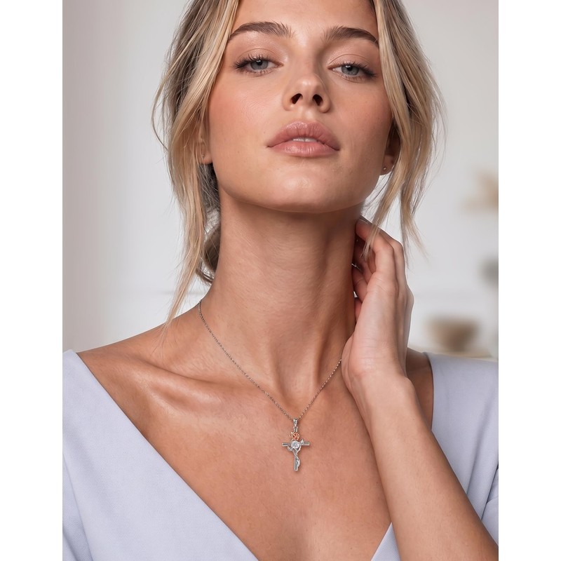KRKC&CO Moissanite Rose Cross Necklace, 925 Silver, Romantic Gift for