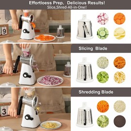 VINATO Affettatrice Verdure Multifunzione con Maniglia Girevole, 3 Lame Inox 430 Intercambiabili (Grattugiare/Affettare/Tritare), Base a Ventosa - BPA Free, ABS Alimentare