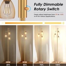 Gold Floor Lamp, Dimmable Industrial Floor Lamp Farmhouse Floor Lamps for Living Room with Cages 70'' Tall Lamp Modern Floor Lamp Standing Lamp for Bedroom Office Living Room 3 LED Bulbs Included
