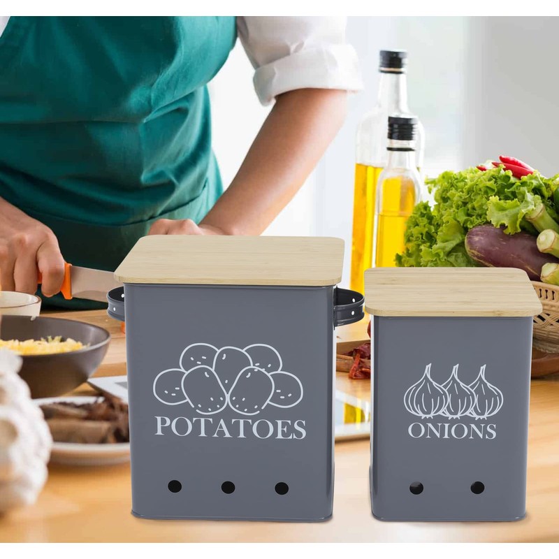 Kitchen Vegetable Storage Tins Set of 2 for Potatoes, Onion,