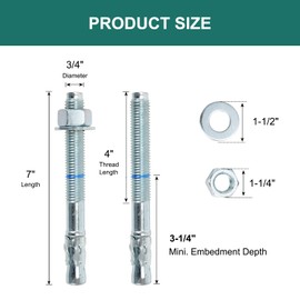 HROMIGRY 3/4" x 7" Concrete Anchors (10 Pack) 3/4 inch Wedge Anchors Bolts Zinc Plated