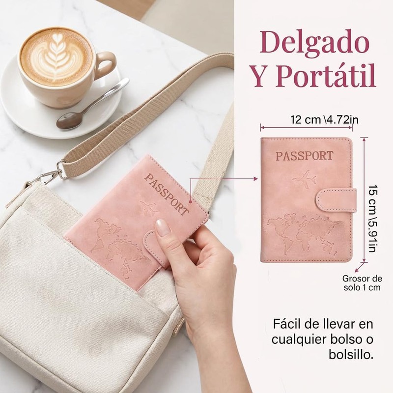Porta Pasaporte Rosa, con Bloqueo RFID, Cuero PU Impermeable