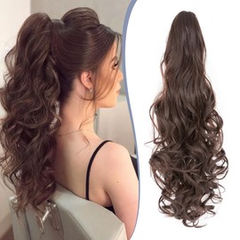 TESS 24'' Curly Ponytail Extensions, 210g Claw in Long Ponytail, Hair Pieces for Women, Light Brown
