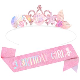 AOPRIE Birthday Girl Headbands Sash for Women Mermaid Birthday Tiara & Crowns for Girls Happy Birthday Accessories Favor Supllies Pink, 2 Pack