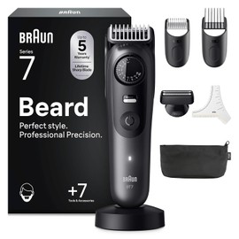 Braun Beard Trimmer Series 7, +7 Barbering Tools, Mens Beard Trimmer with Lifetime Sharp ProBlade, Up to 120 Min Runtime, 40 Lengths, Waterproof, PrecisionWheel & Lock, BT7525, Grey