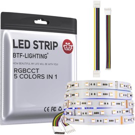 BTF-LIGHTING 5in1 RGBCCT 5050 5M 60LEDs/m 300LEDs RGB+Cold+Warm White LED Strips DC24V Ip30 Non Waterproof White PCB 5 Colour in 1 LED for Room Home Decoration(Strips Only)