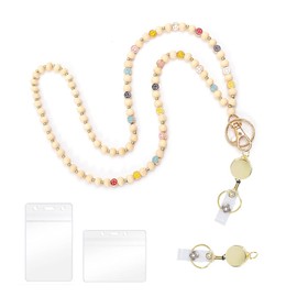 XFSRG Elegant ID Card Holder with Ribbon and Wooden Beads Card Holder with Lanyard for Office and Events (White)