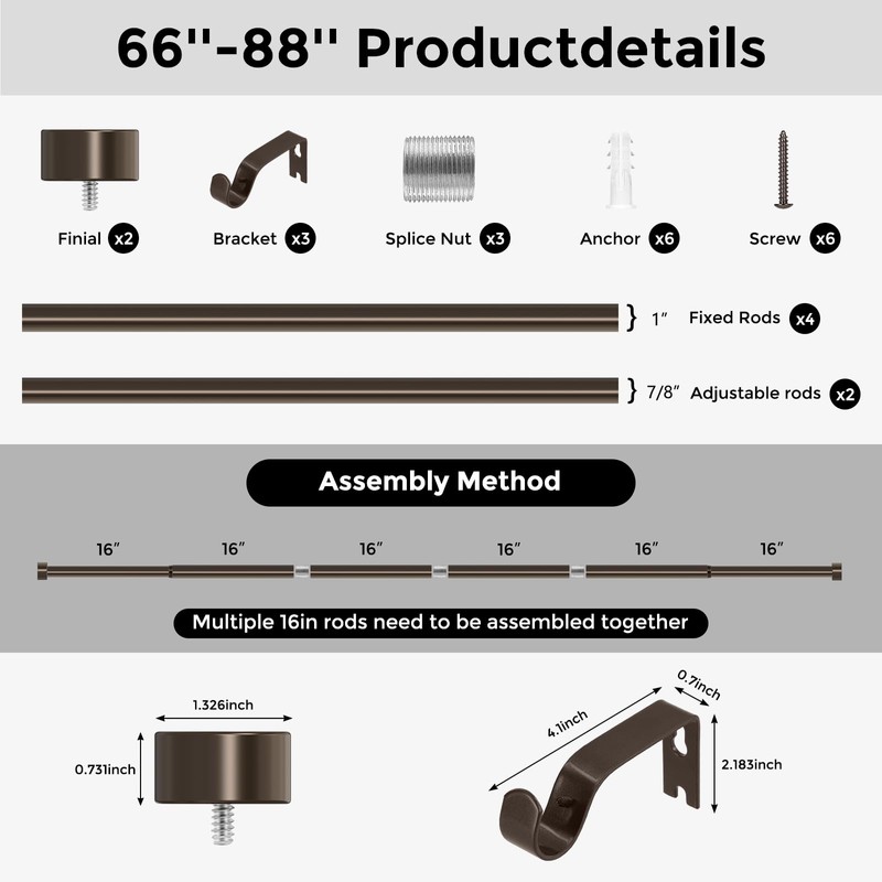 VOIIY Bronze Curtain Rods for Windows 48 to 84 Inch(4-7